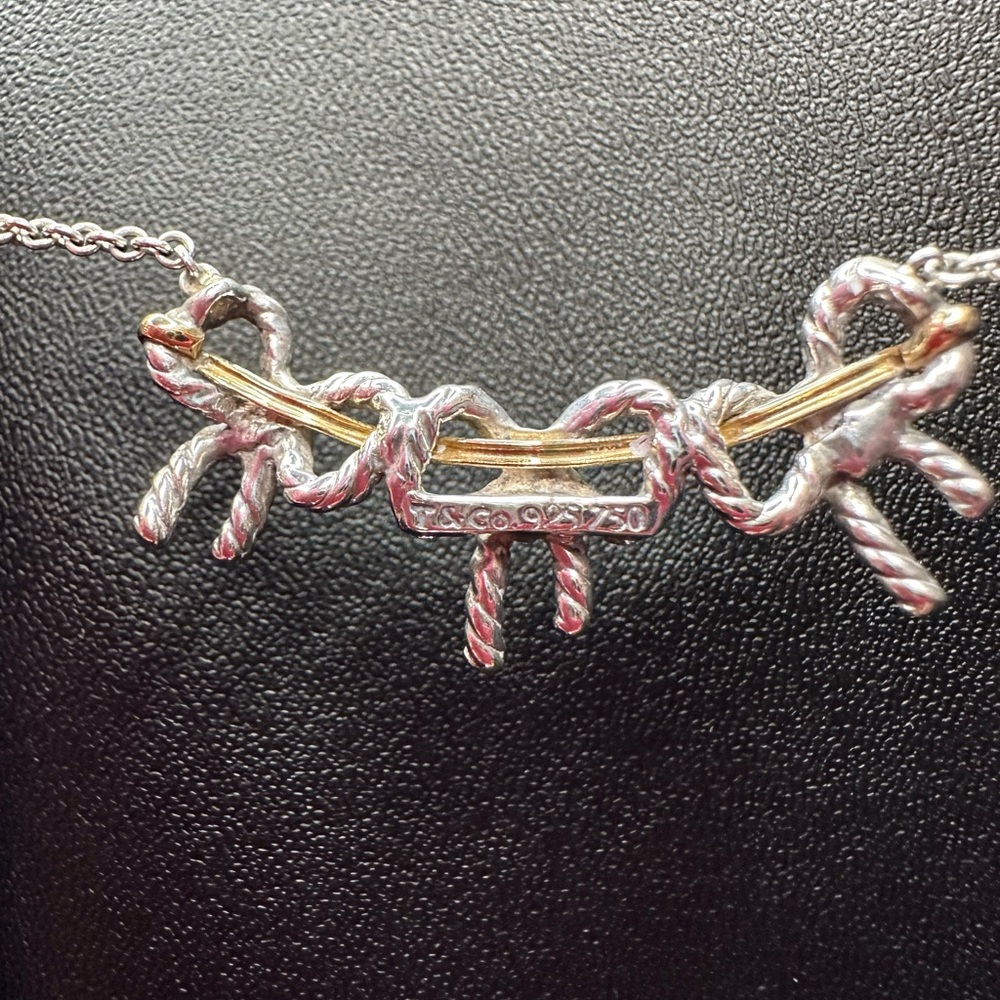 Authentic Tiffany & Co. Vintage Three Ribbon 18K Gold Bar Silver 17" Necklace